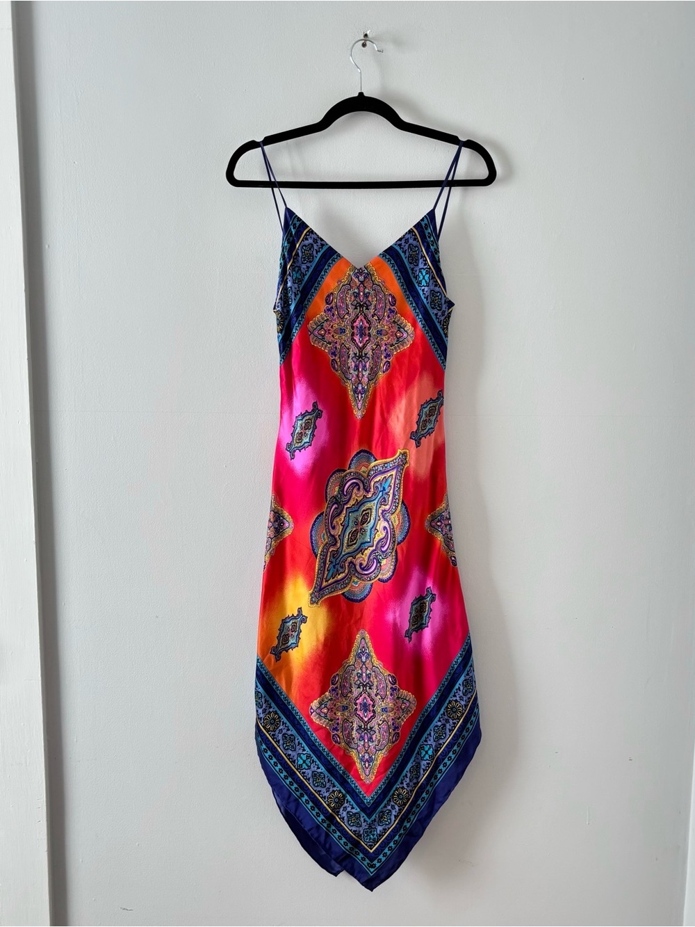 Cache Vintage 90s Silk Handkerchief Hem Dress Slip Midi Scarf Printed V-Neck